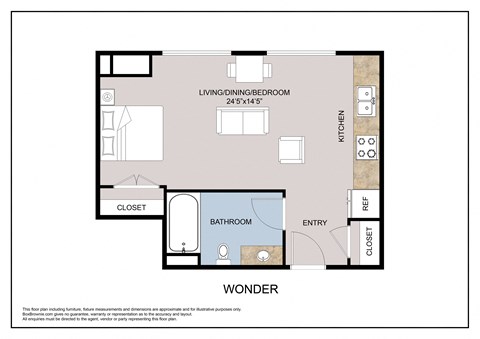 Floor plan for studio, 1 bath, 443 sqft